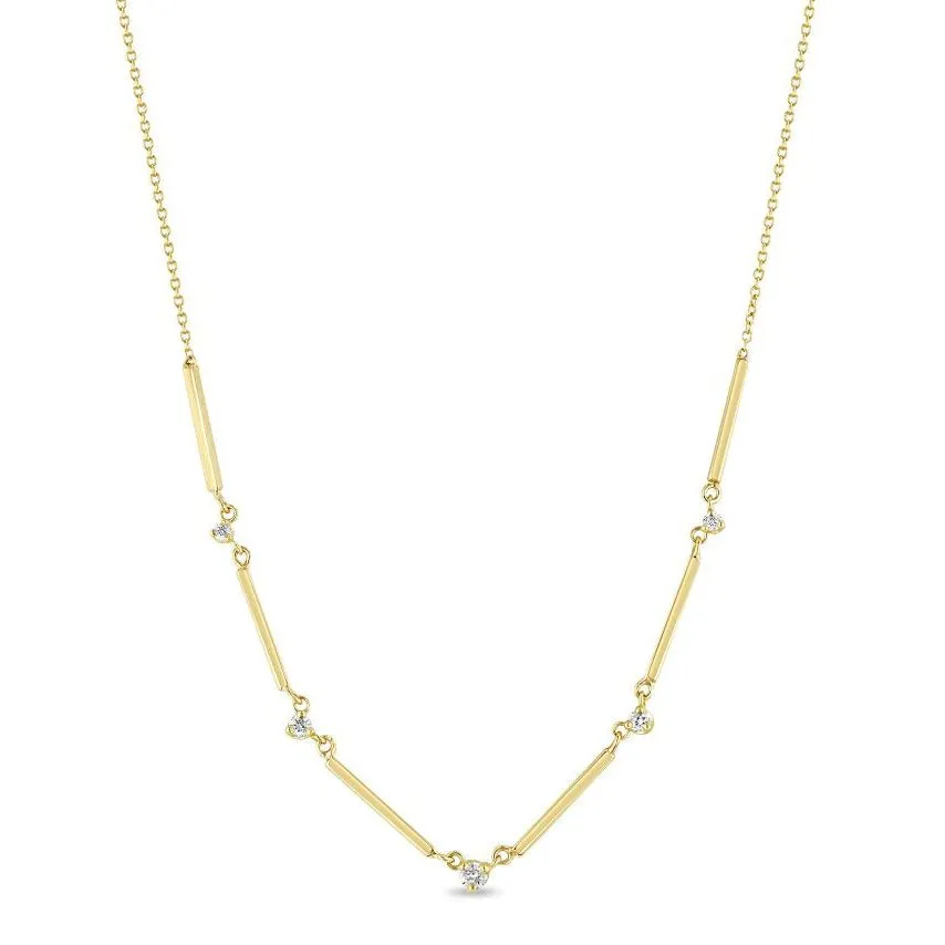 14K Gold Square Bar Necklace with Five Graduated Prong-Set Diamonds