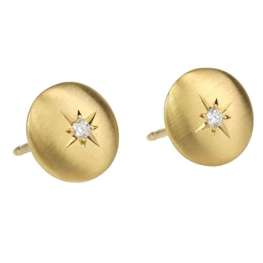 20K Gold Small Lentil Studs with Star-Set Diamond Center