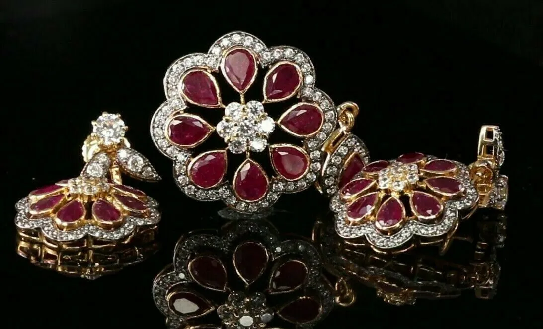 Solid Gold Ruby Pendant Set | Classic Round Floral Design | Elegant 22k Gold Jewelry - p2136