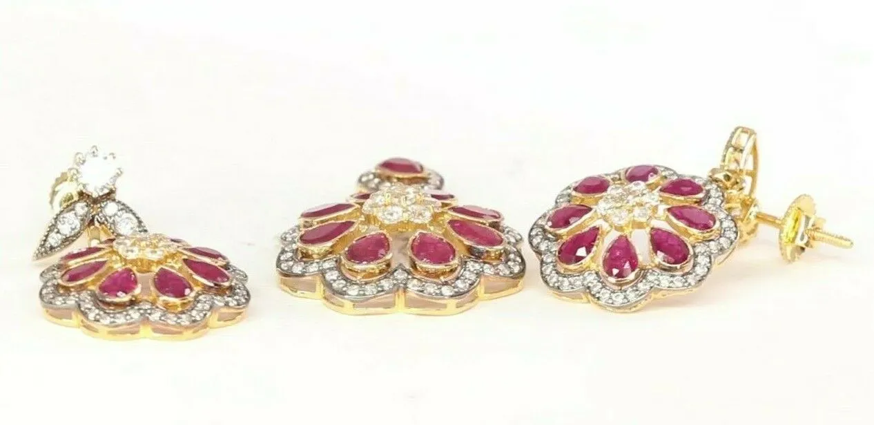 Solid Gold Ruby Pendant Set | Classic Round Floral Design | Elegant 22k Gold Jewelry - p2136