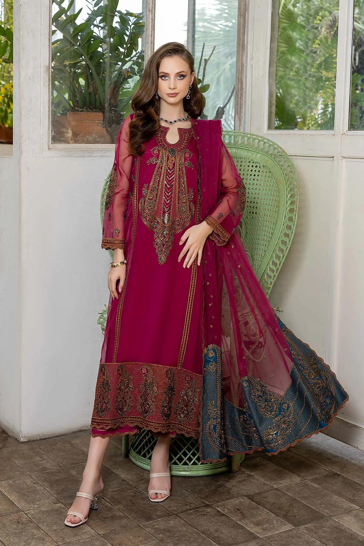 3-Piece Embroidered Long Shirt With Organza Dupatta and Raw Silk Trouser - CMA22-17-S