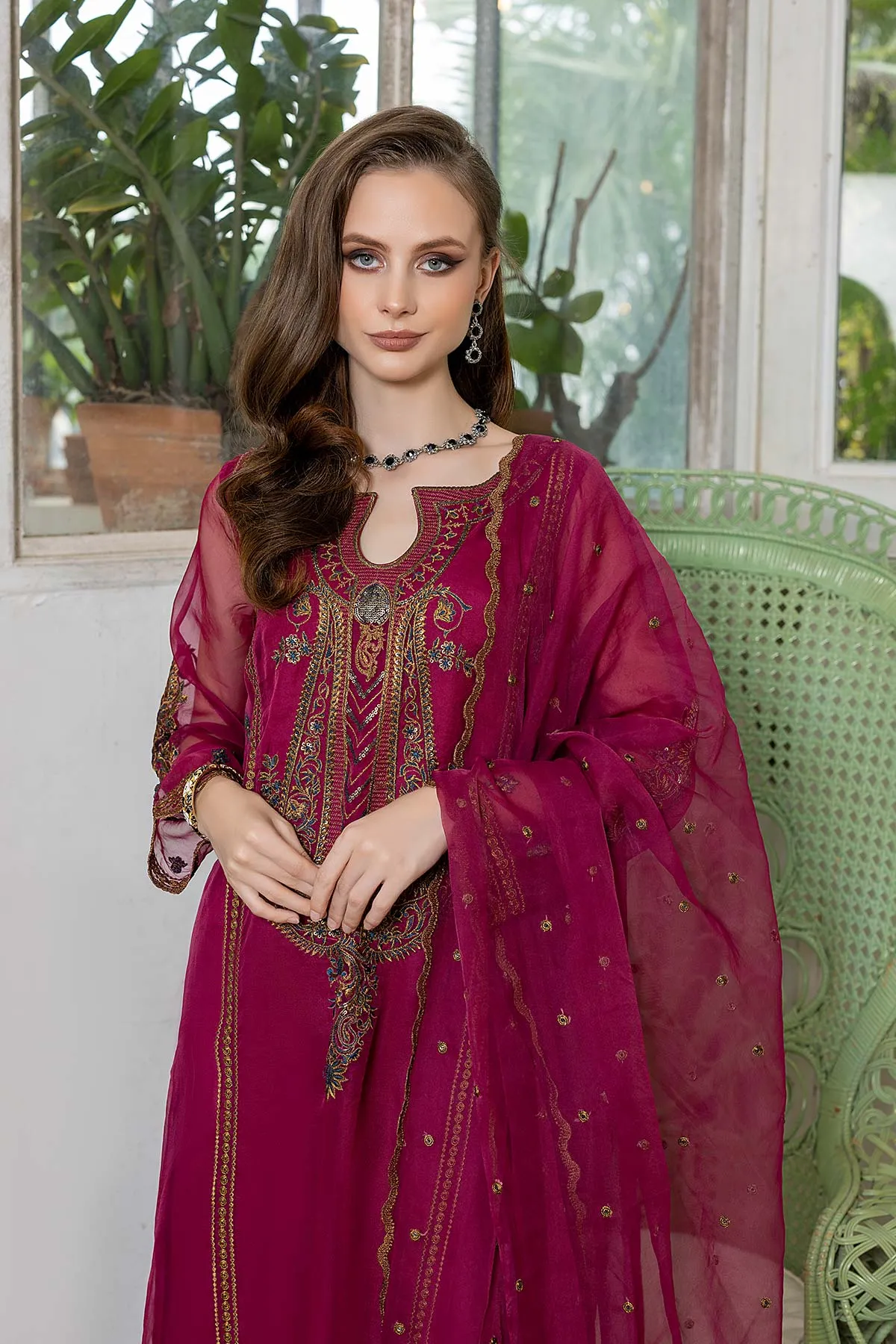 3-Piece Embroidered Long Shirt With Organza Dupatta and Raw Silk Trouser - CMA22-17-S