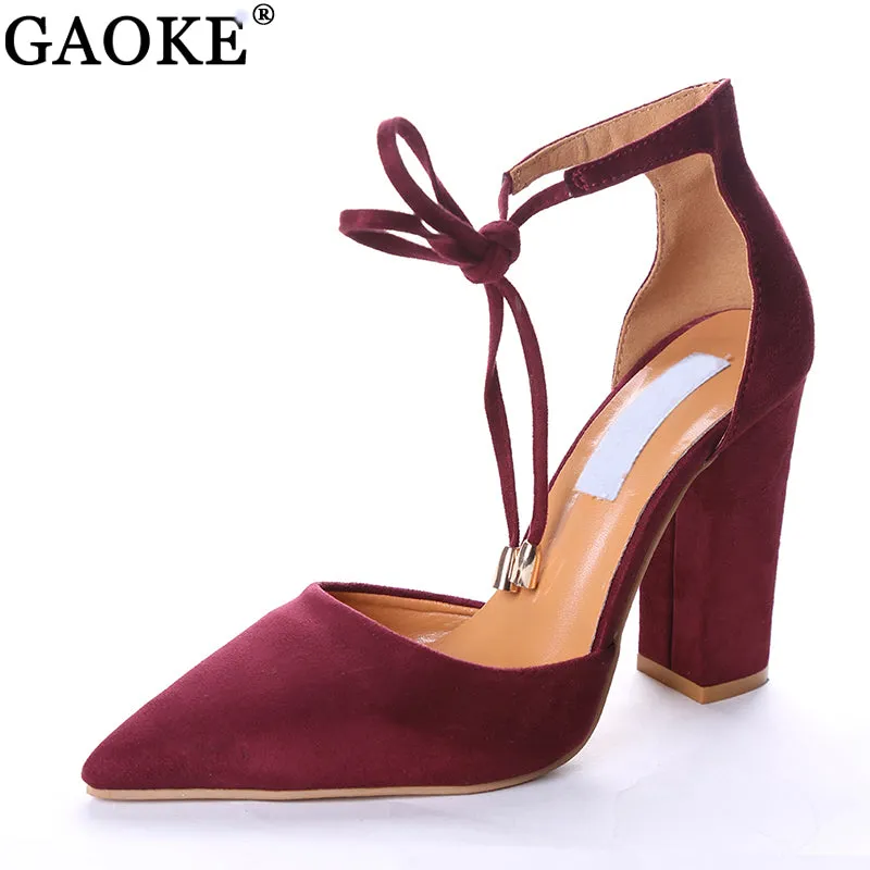 6 Colors Pointed Strappy Pumps Sexy Retro High Thick Heels Shoes 2108 New Woman Shoes Female Lace Up Shoes