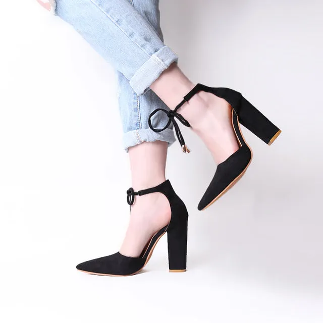 6 Colors Pointed Strappy Pumps Sexy Retro High Thick Heels Shoes 2108 New Woman Shoes Female Lace Up Shoes