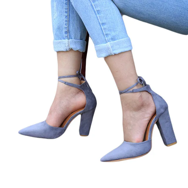 6 Colors Pointed Strappy Pumps Sexy Retro High Thick Heels Shoes 2108 New Woman Shoes Female Lace Up Shoes