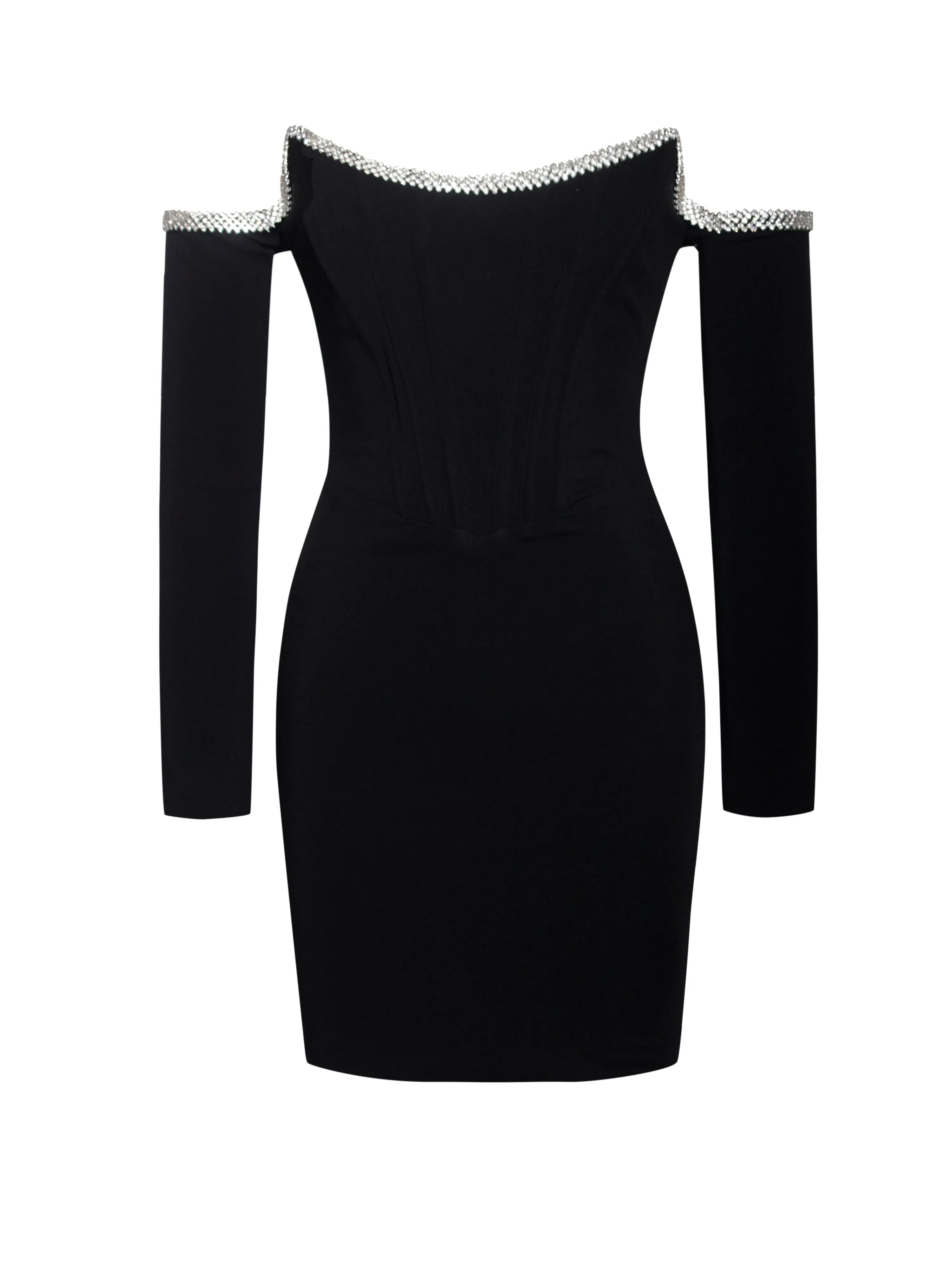 Annika Black Off Shoulder Long Sleeve Corset Dress With Crystal Trim