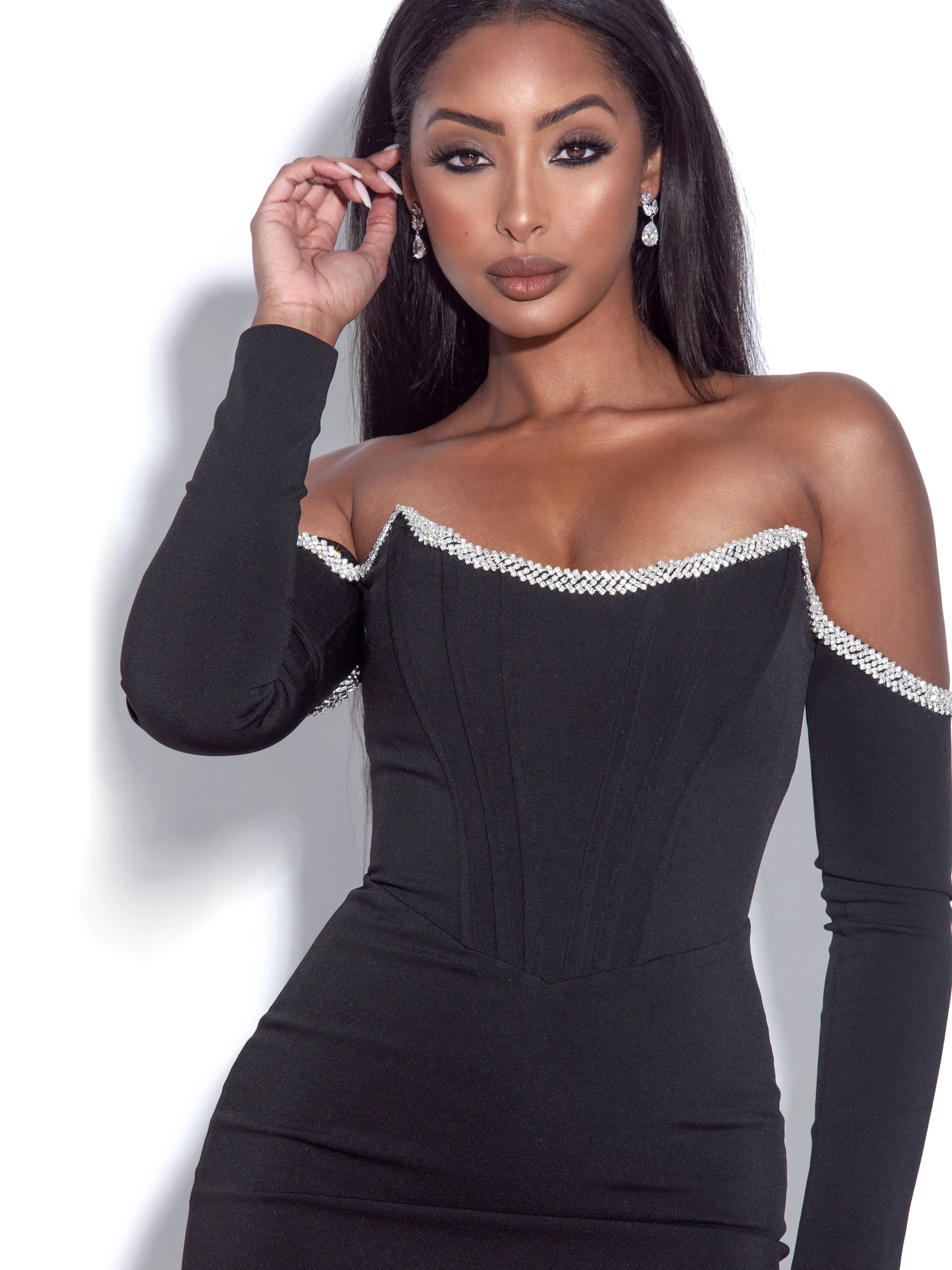 Annika Black Off Shoulder Long Sleeve Corset Dress With Crystal Trim