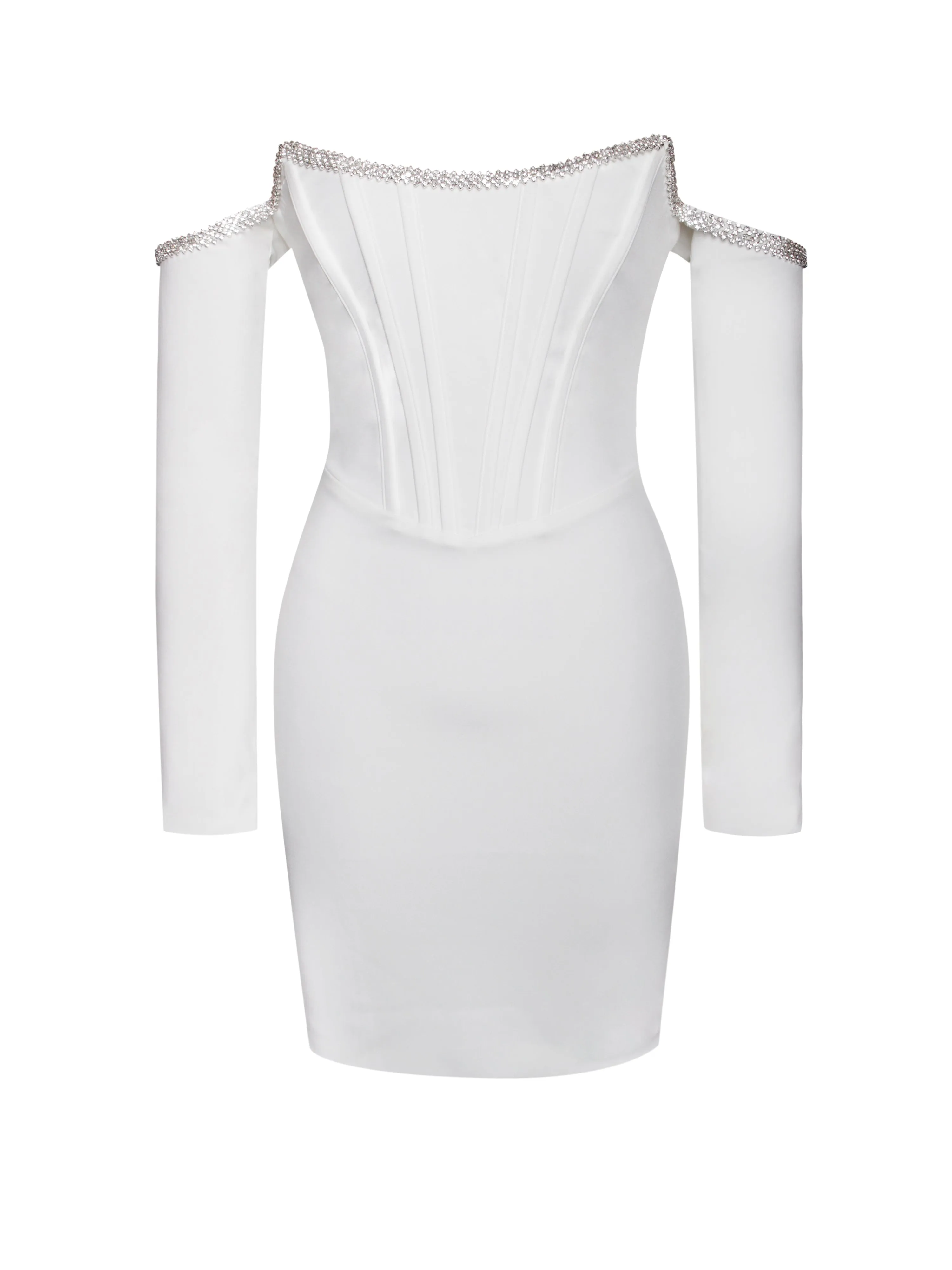 Annika White Off Shoulder Long Sleeve Corset Dress With Crystal Trim