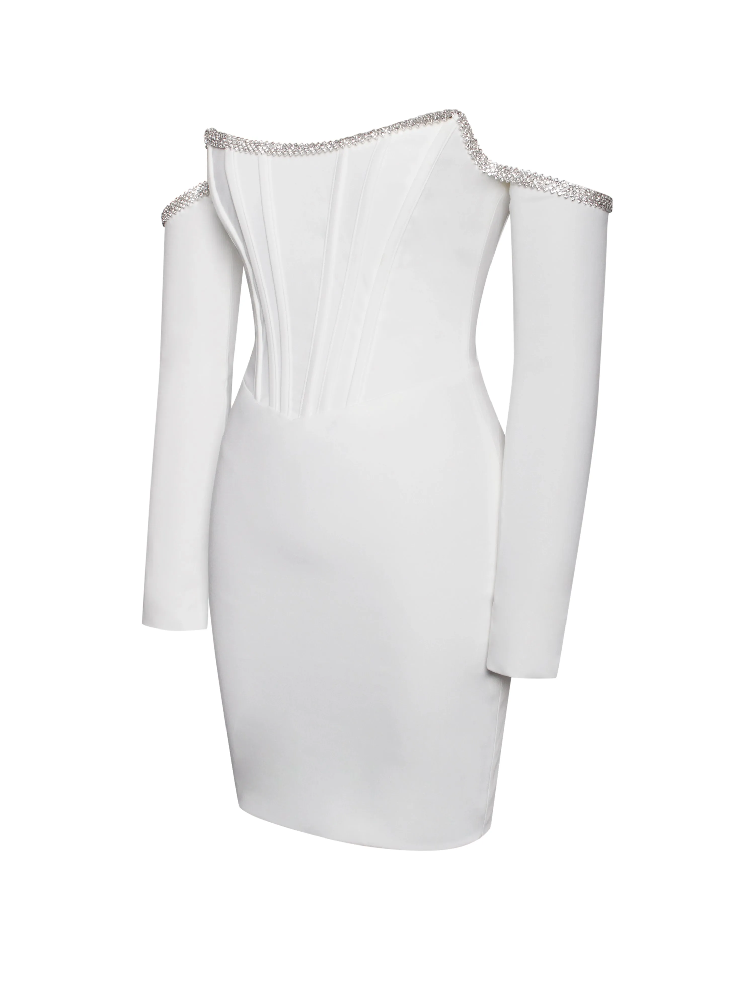 Annika White Off Shoulder Long Sleeve Corset Dress With Crystal Trim