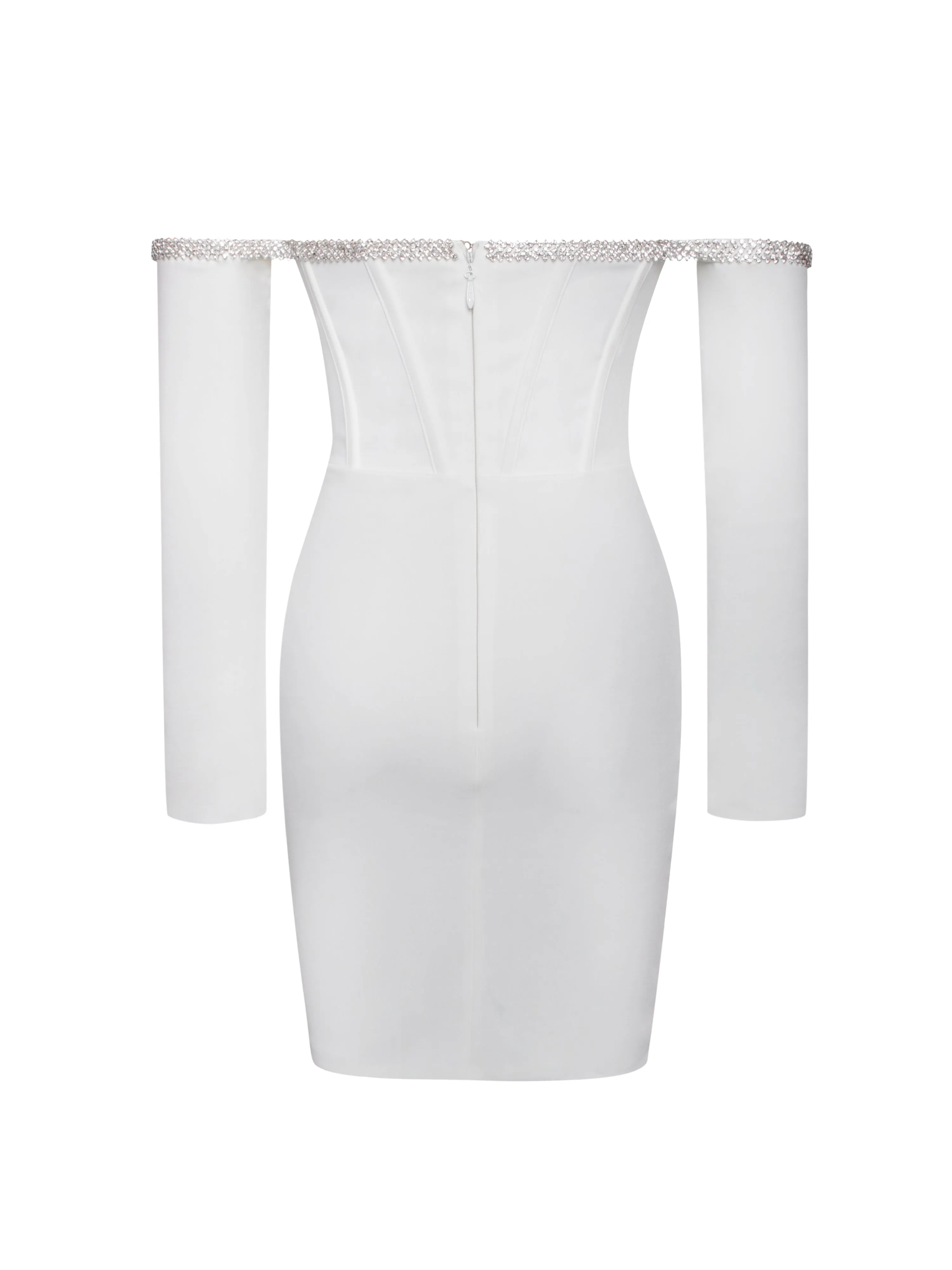 Annika White Off Shoulder Long Sleeve Corset Dress With Crystal Trim