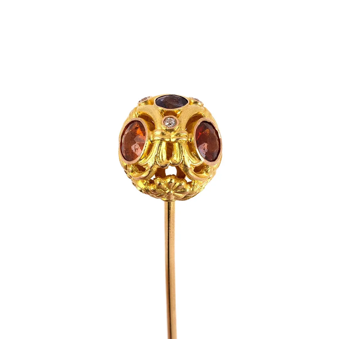 Art Nouveau Hat Pin with Diamond, Amber & Amethyst Balls