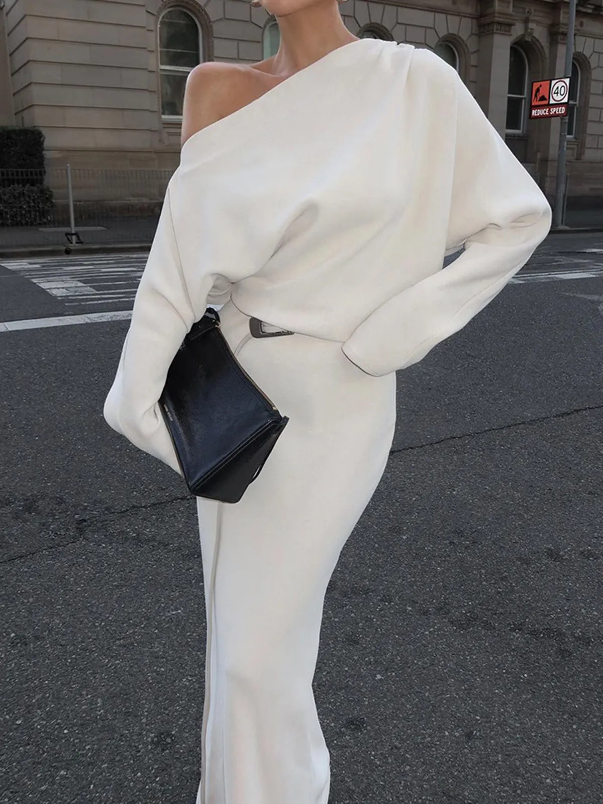 Asymmetrical Off Shoulder Solid Long Sleeve Maxi Dress