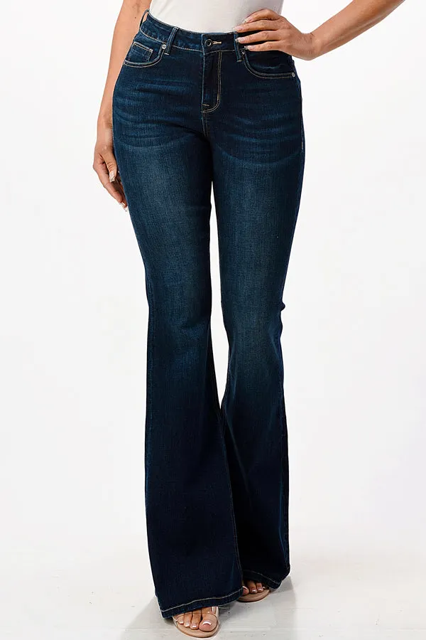 Mid Rise Flare Jeans in Basic Dark Blue Wash