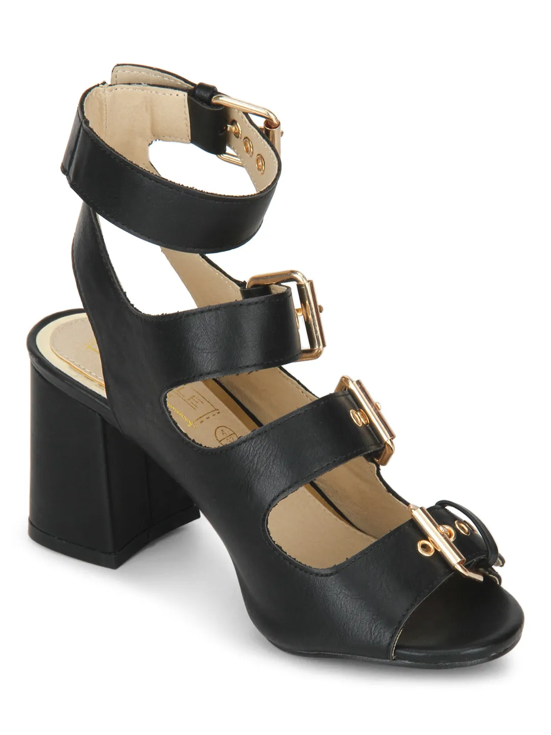 Black Buckle Detail Ankle Strap Low Block Heels