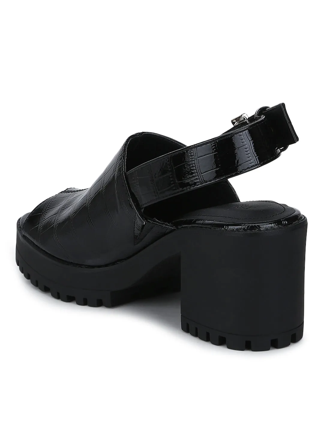 Black Croc Pat Peep Toe Block Heels