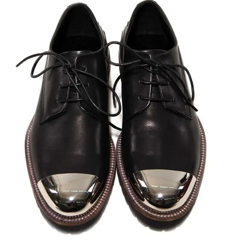 Black Metal Cap Leather Lace-Up Oxfords for Men