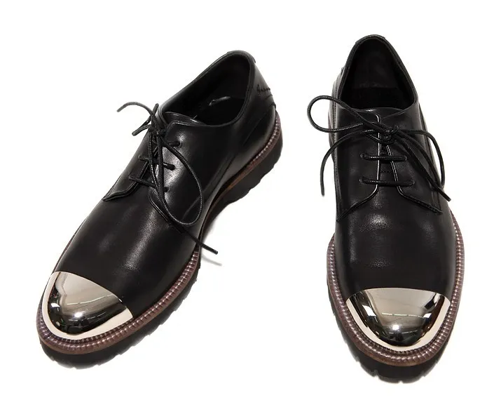 Black Metal Cap Leather Lace-Up Oxfords for Men