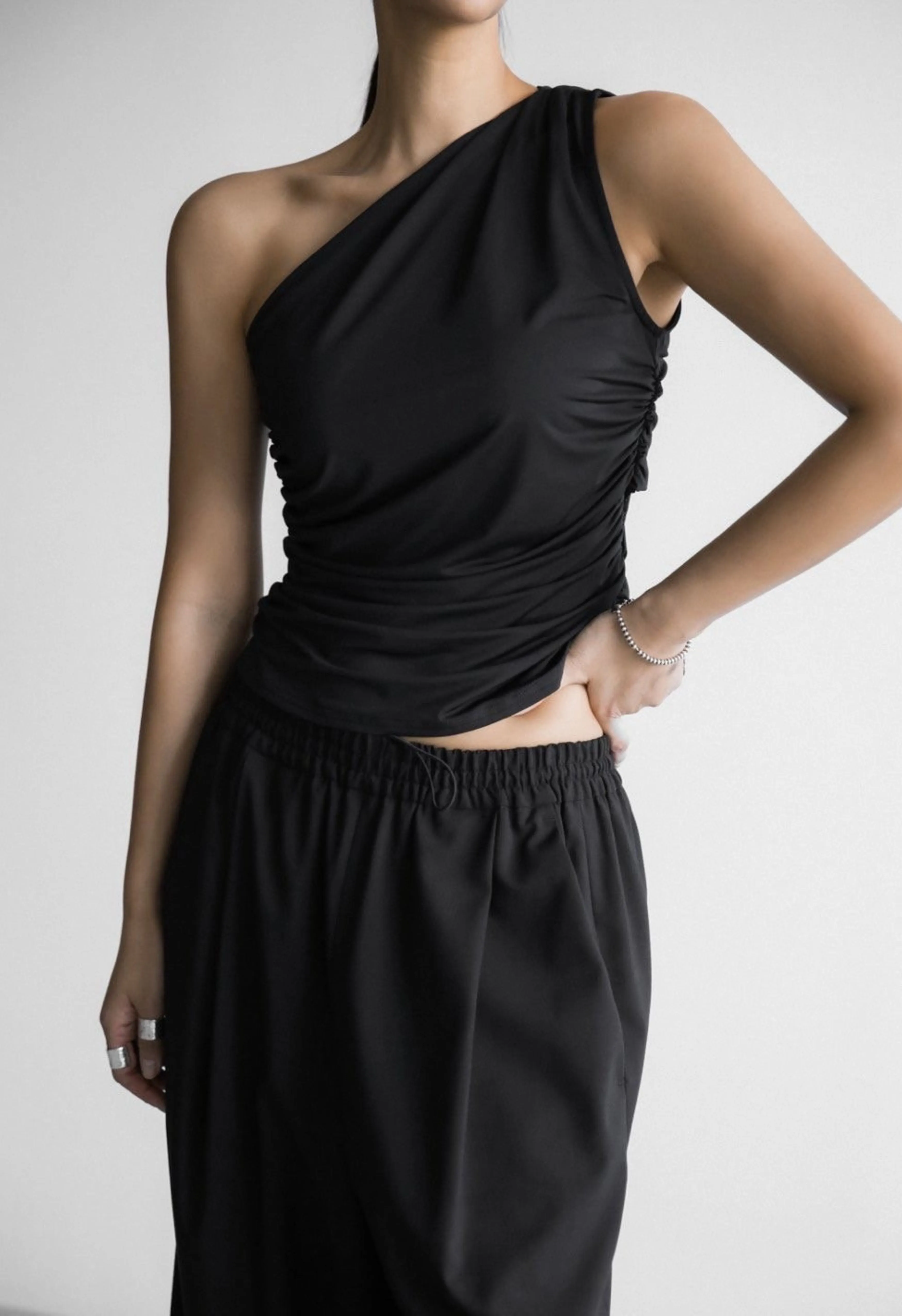 Black One Shoulder Ruched Top