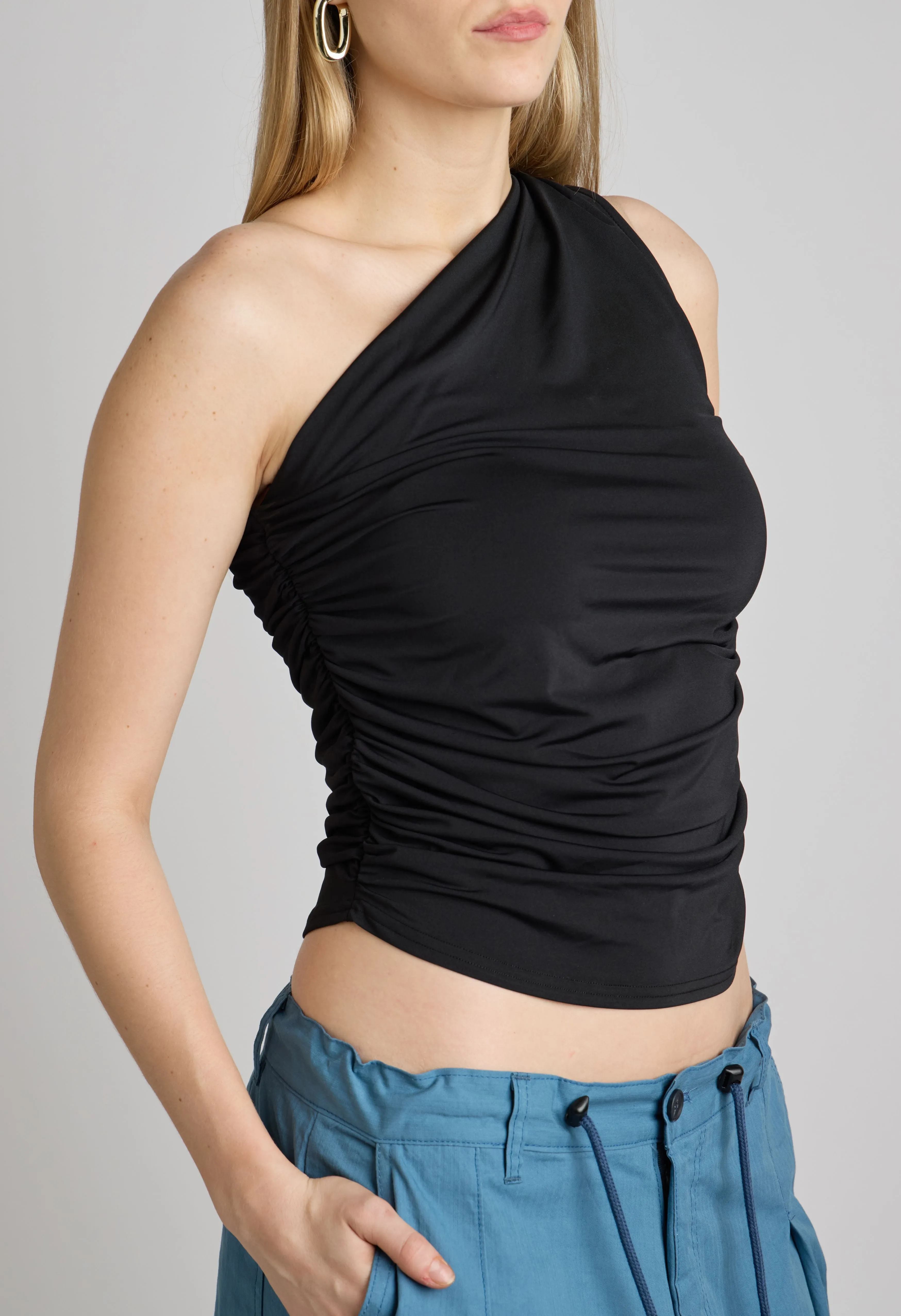 Black One Shoulder Ruched Top