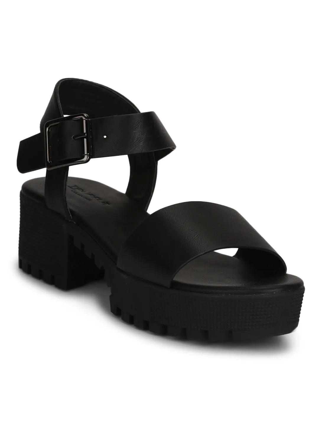 Black PU Cleated Bottom with Thick Ankle Strap Block Heels