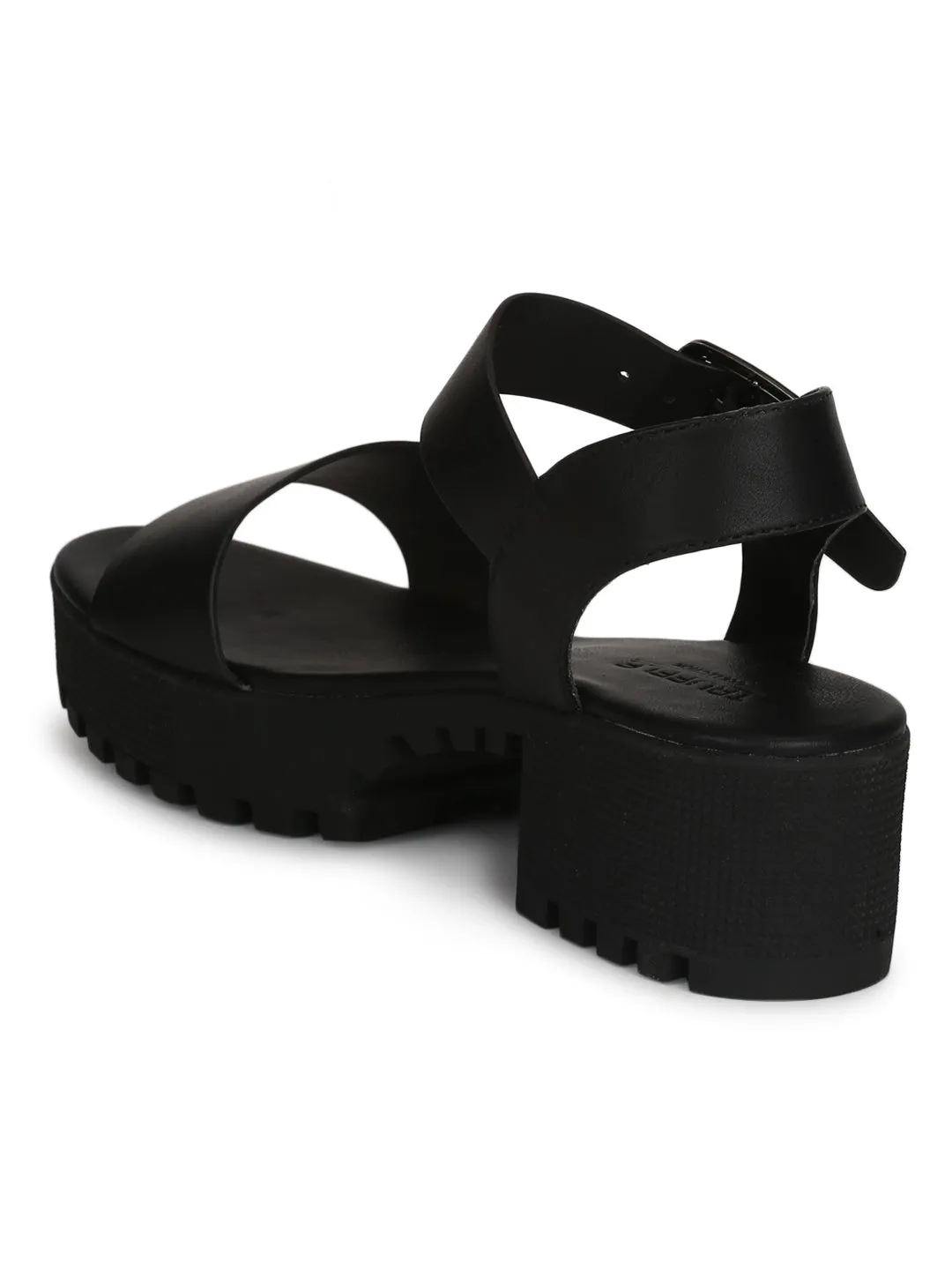 Black PU Cleated Bottom with Thick Ankle Strap Block Heels