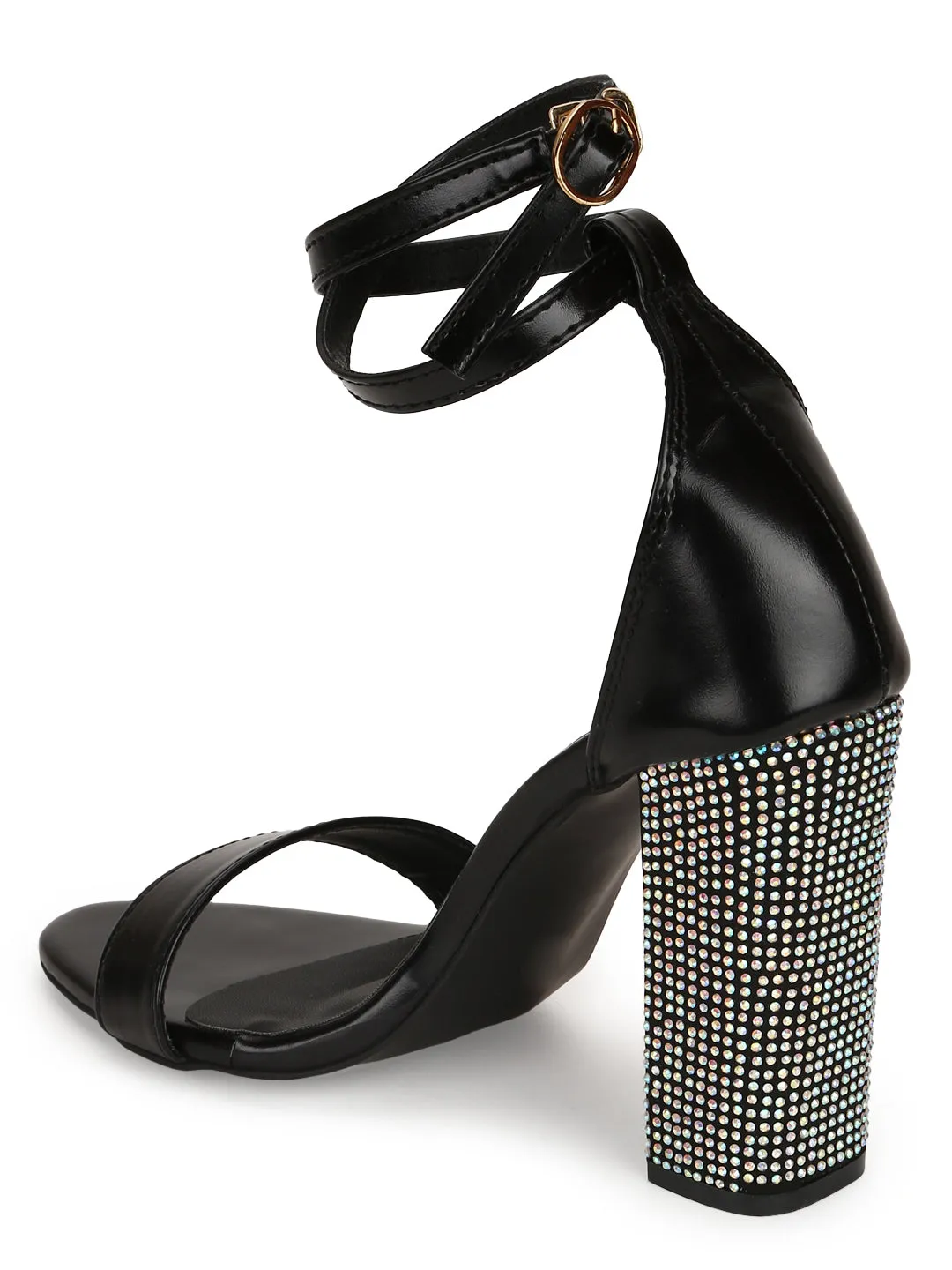 Black PU High Block Diamante Heels (TC-SLC-B-38-BLK)