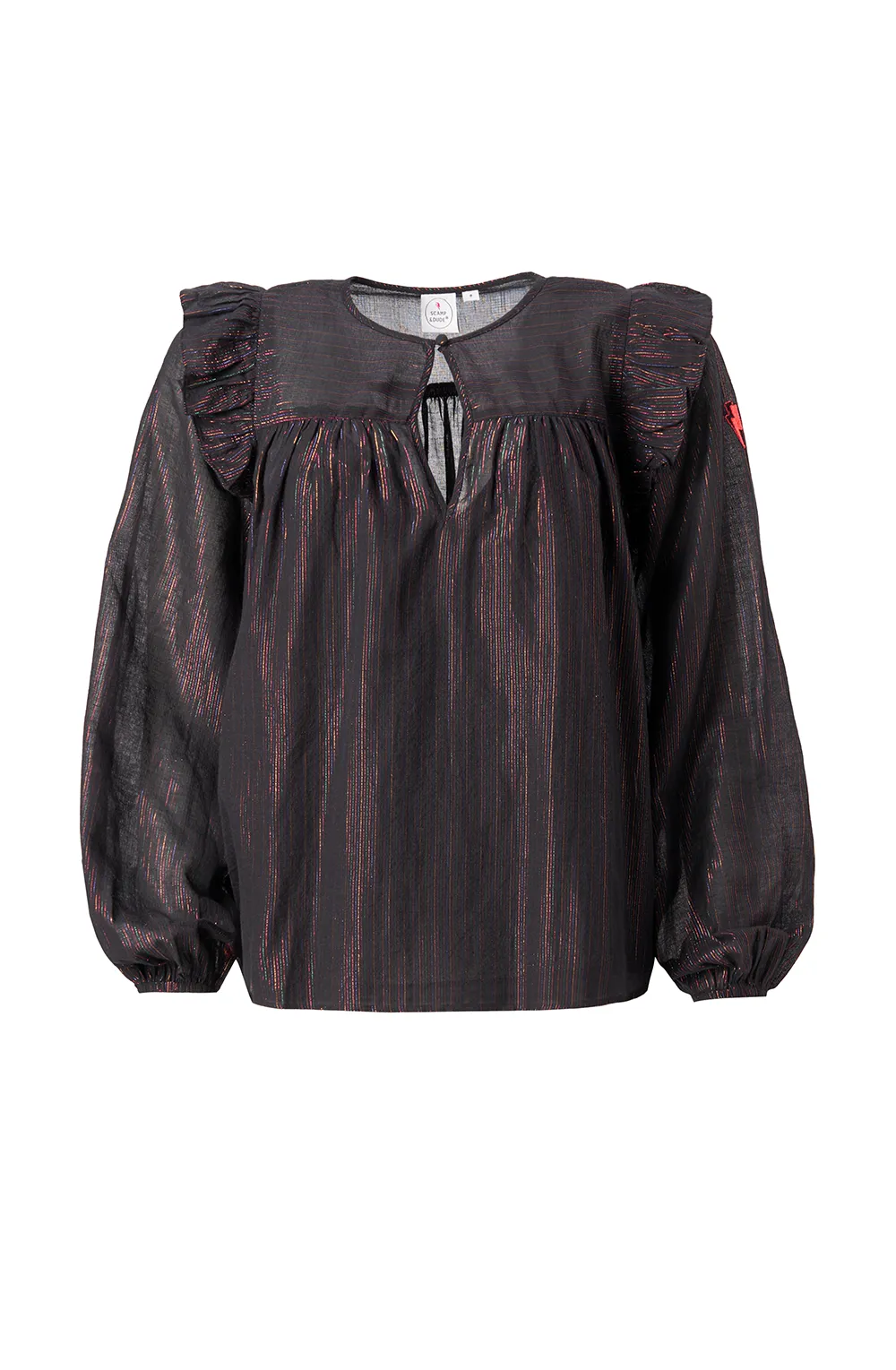 Black with Rainbow Lurex Frill Shoulder Blouse