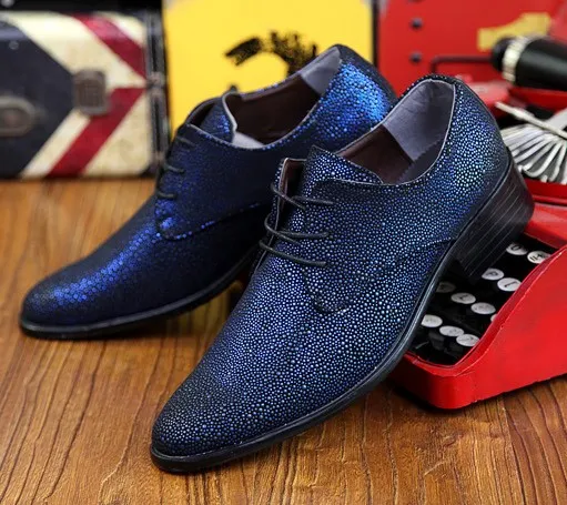 Blue Metallic Pointed Head Lace-Up Oxfords for Men