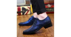 Blue Metallic Pointed Head Lace-Up Oxfords for Men