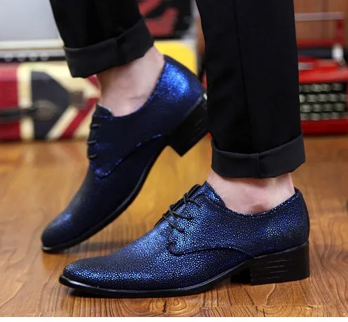 Blue Metallic Pointed Head Lace-Up Oxfords for Men