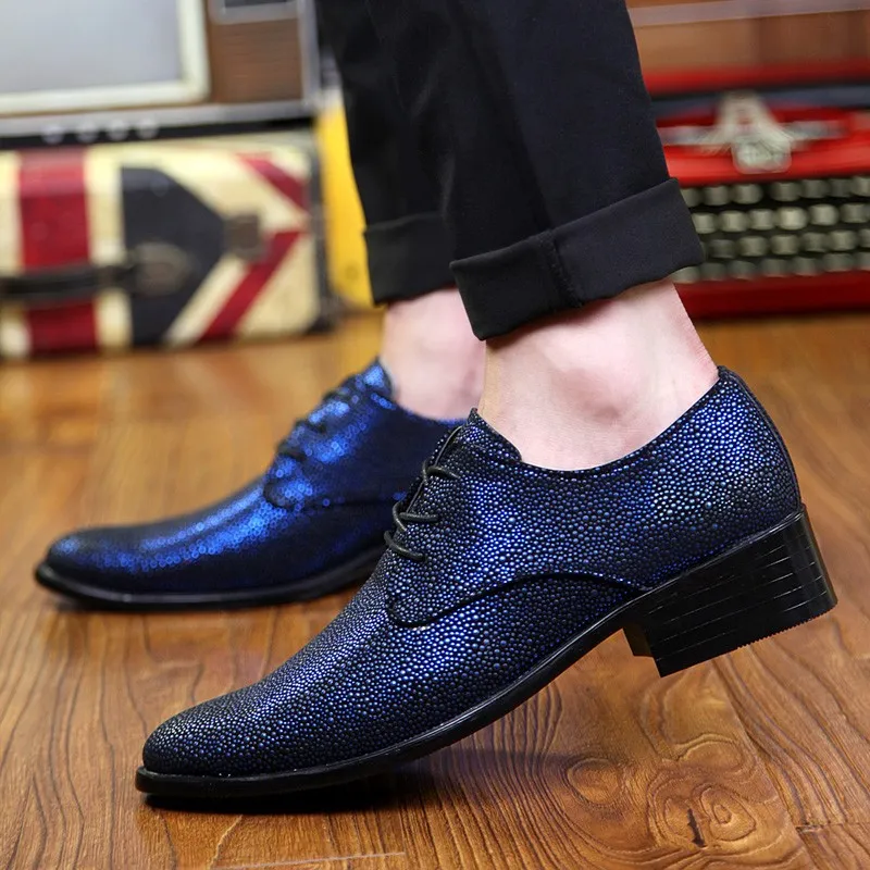 Blue Metallic Pointed Head Lace-Up Oxfords for Men