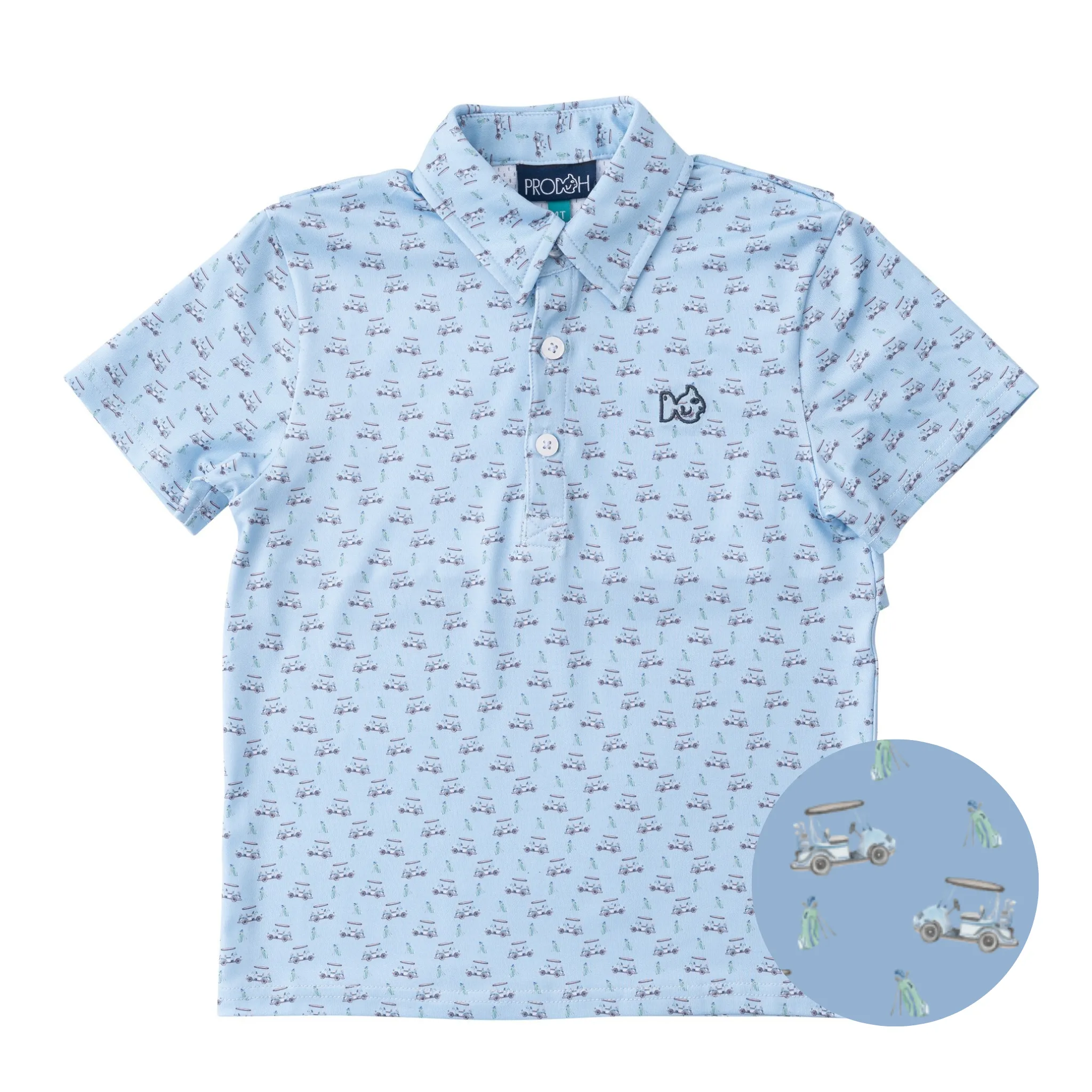 Boys' Short Sleeve Pro Performance Polo in Powder Blue Golf Cart Print