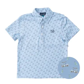 Boys' Short Sleeve Pro Performance Polo in Powder Blue Golf Cart Print