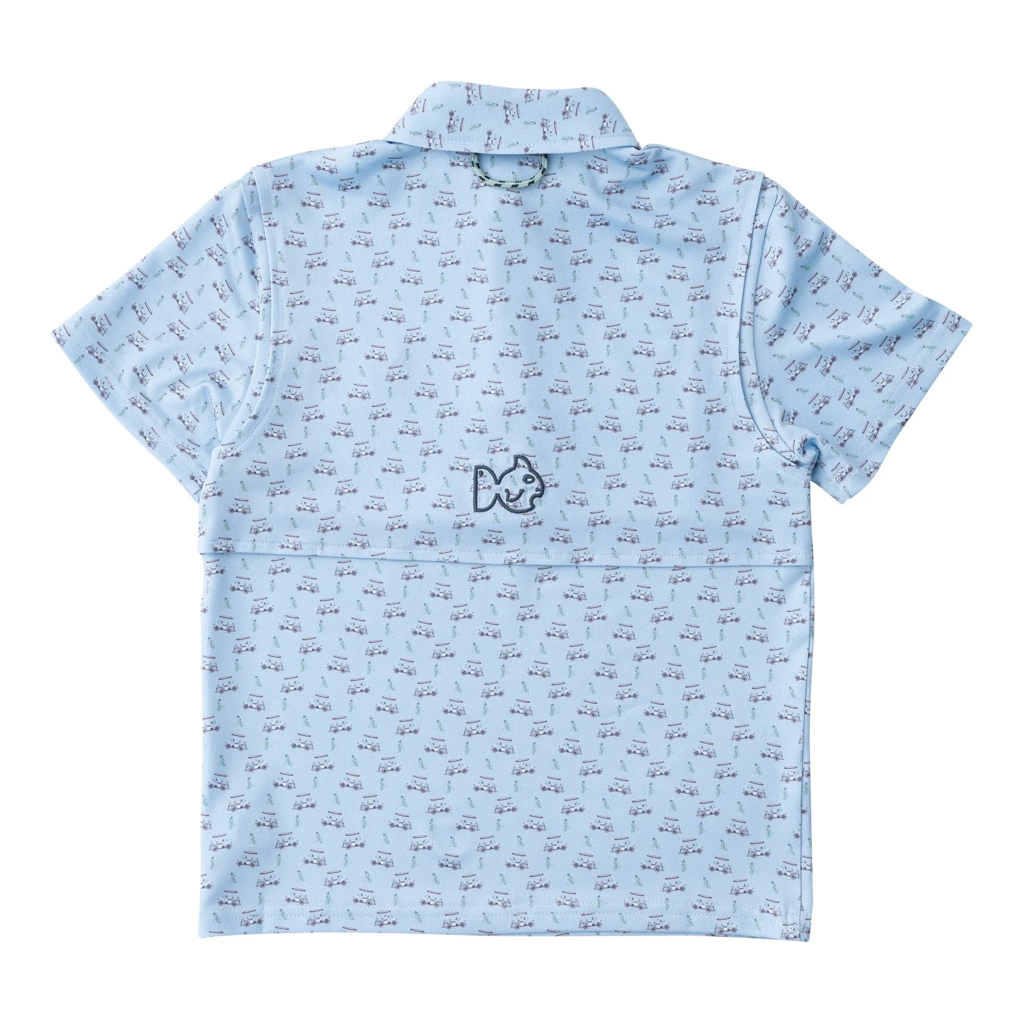 Boys' Short Sleeve Pro Performance Polo in Powder Blue Golf Cart Print