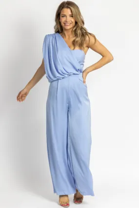 BREEZE BLUE ONE SHOULDER DRAPE JUMPSUIT