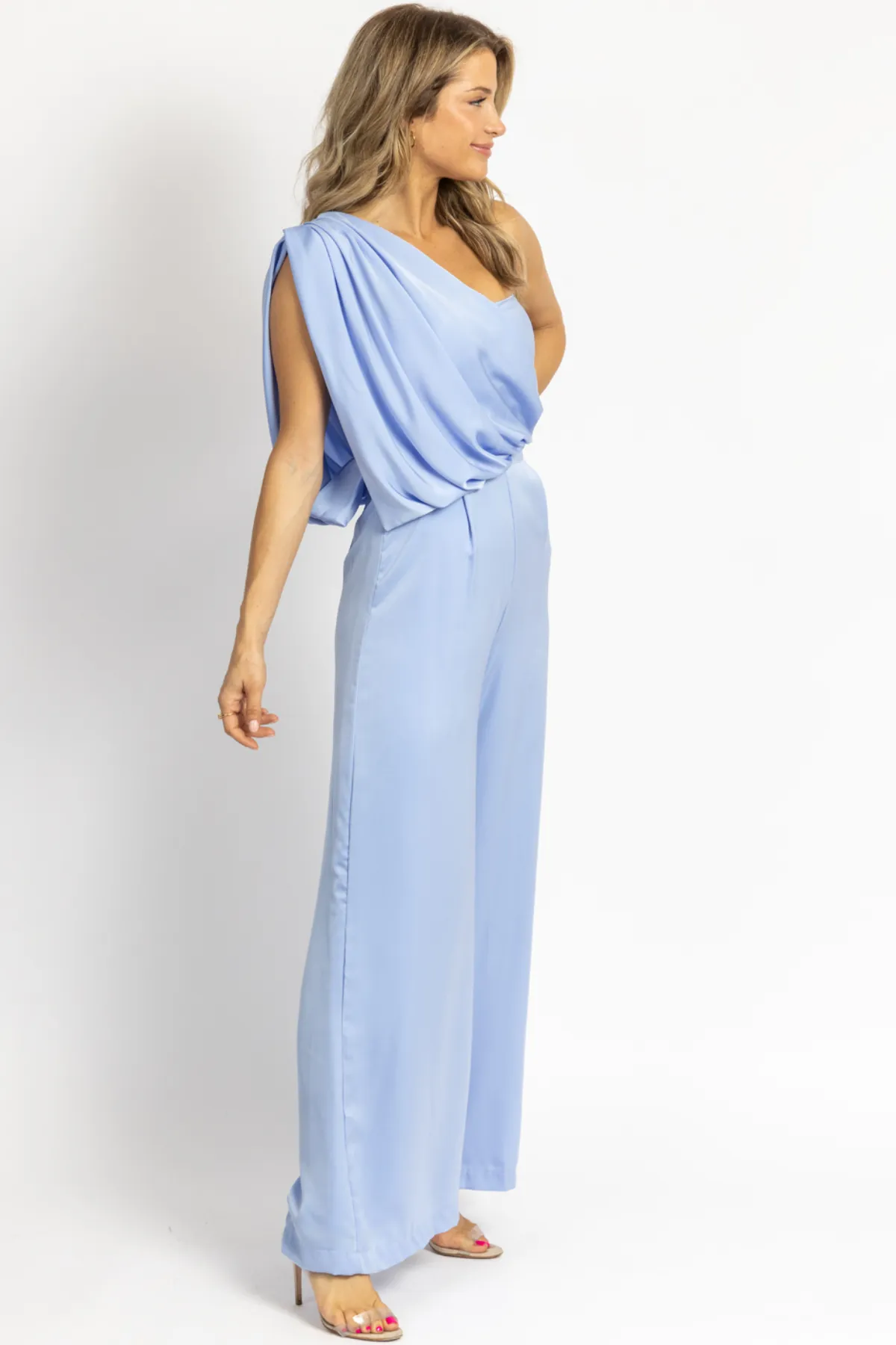 BREEZE BLUE ONE SHOULDER DRAPE JUMPSUIT