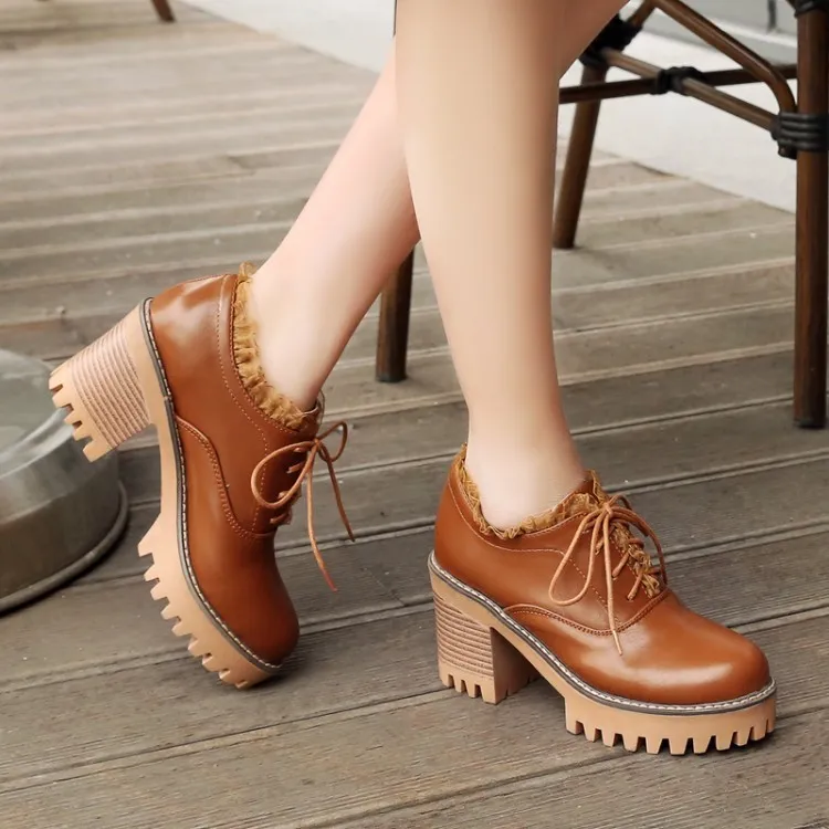 Brown Ruffled Block Heel Lace-Up Women's Oxfords