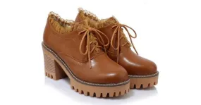 Brown Ruffled Block Heel Lace-Up Women's Oxfords