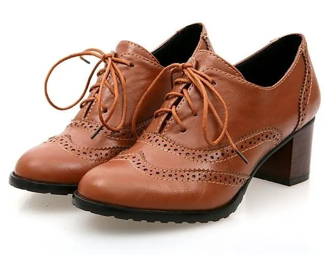 Lace Up Brown Vintage Heels Oxford Shoes