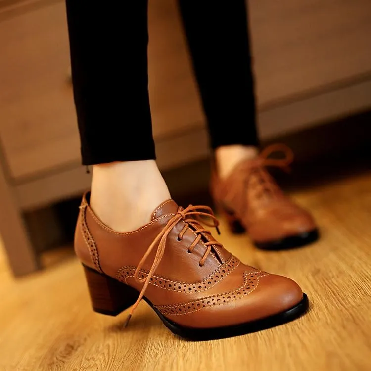 Lace Up Brown Vintage Heels Oxford Shoes