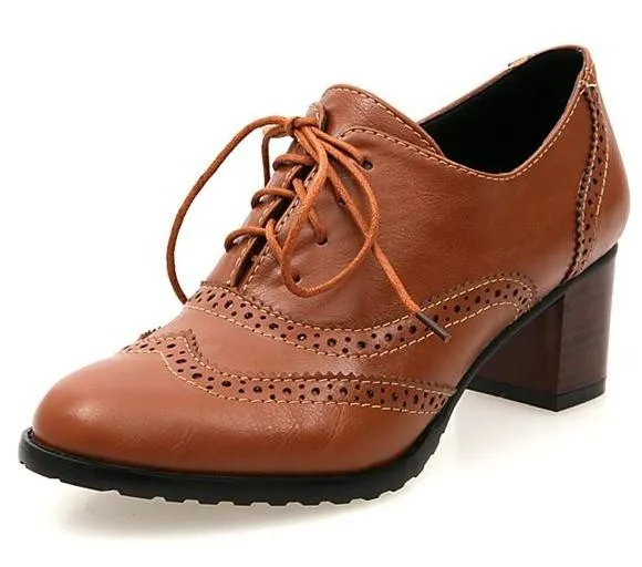 Lace Up Brown Vintage Heels Oxford Shoes