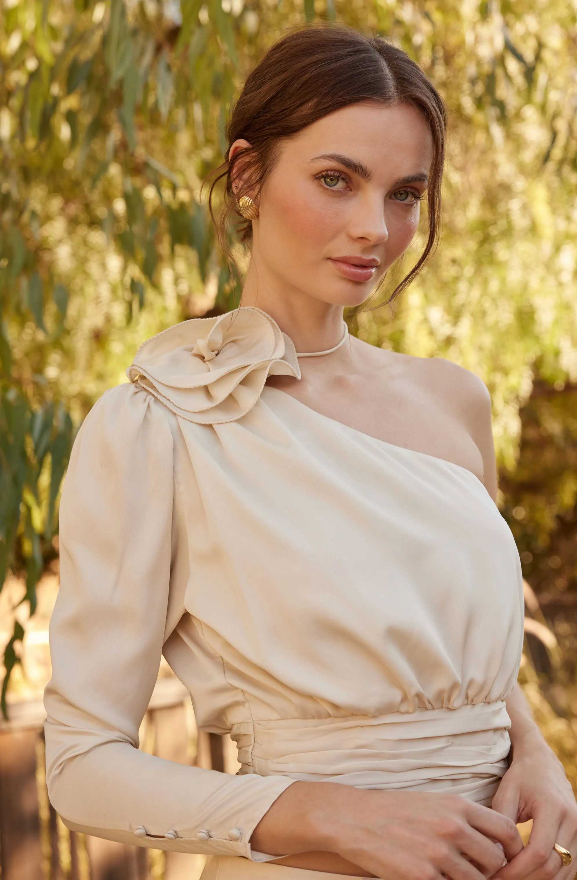 Satin One Shoulder Corsage Top