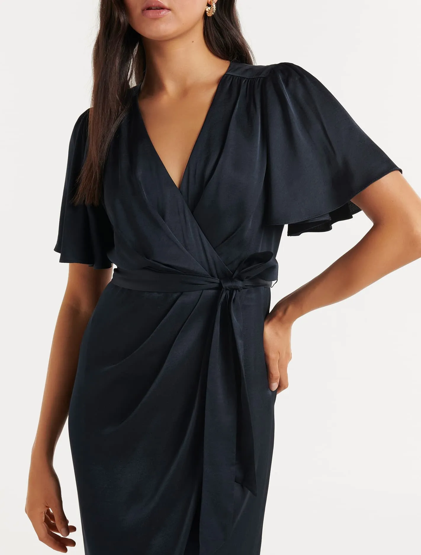 Carolina Satin Flutter Sleeve Midi Dress - Flattering Flutter Sleeve Dress