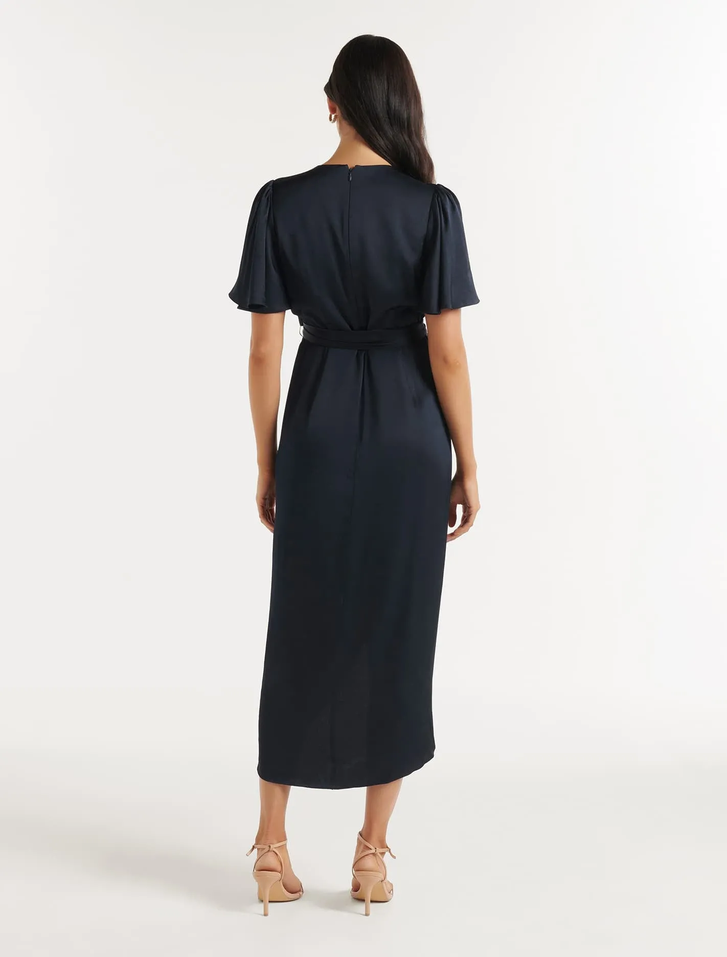 Carolina Satin Flutter Sleeve Midi Dress - Flattering Flutter Sleeve Dress