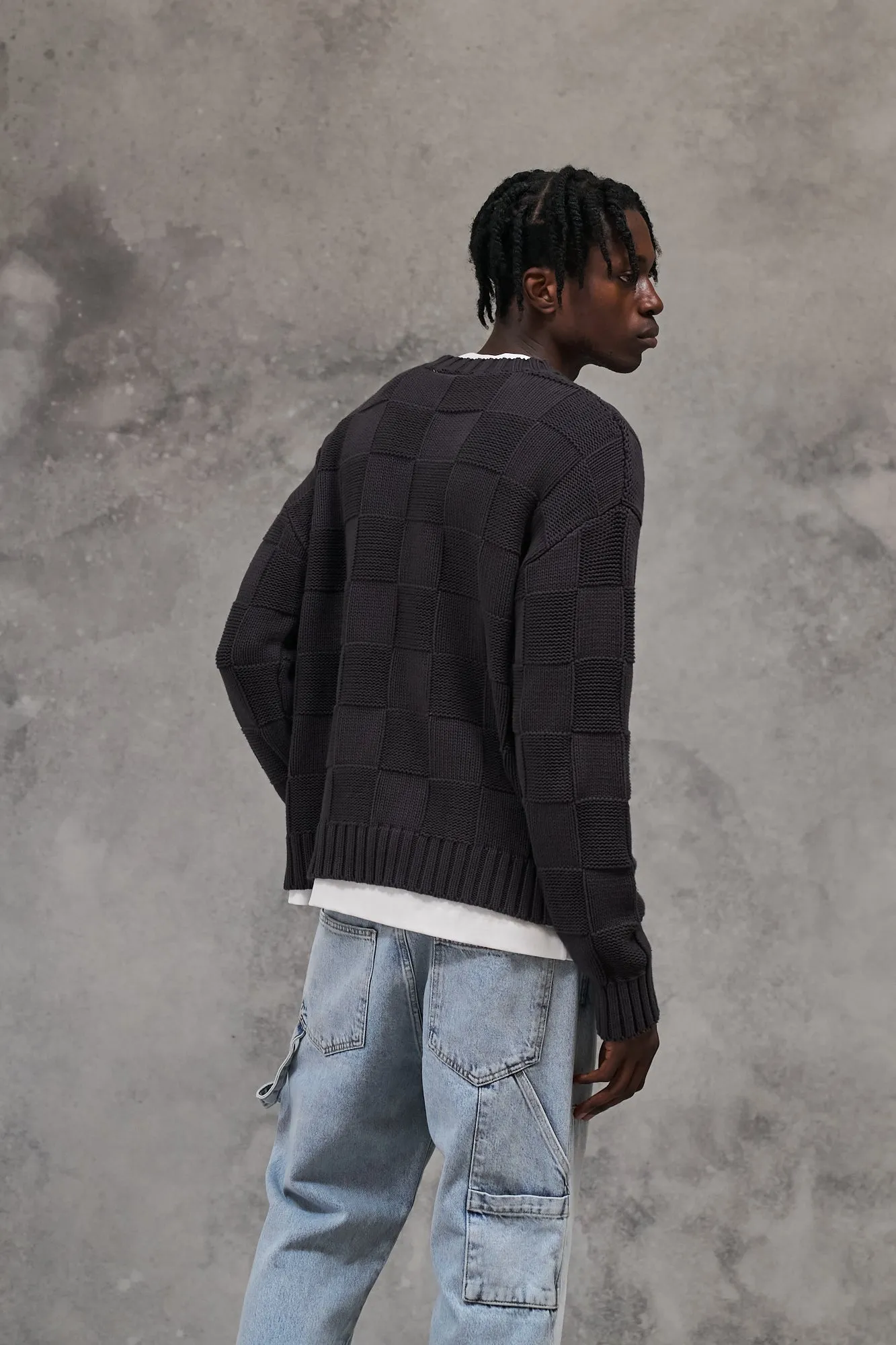 CHECKERBOARD KNIT CREW - CHARCOAL