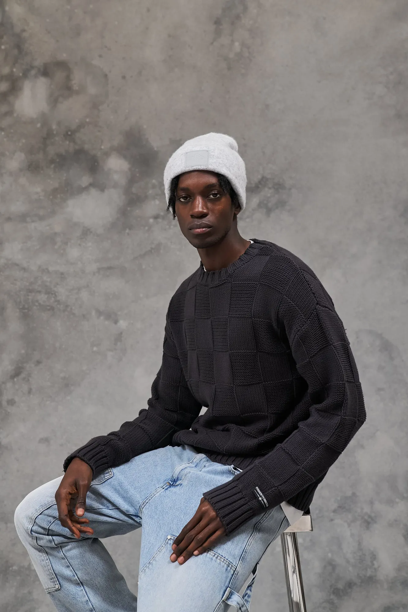 CHECKERBOARD KNIT CREW - CHARCOAL