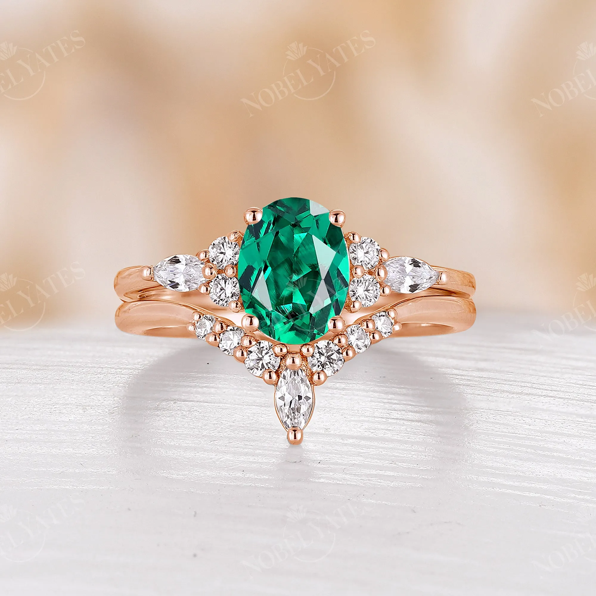 Classic Lab Emerald Bridal Set Oval Cut Ring Rose Gold Band