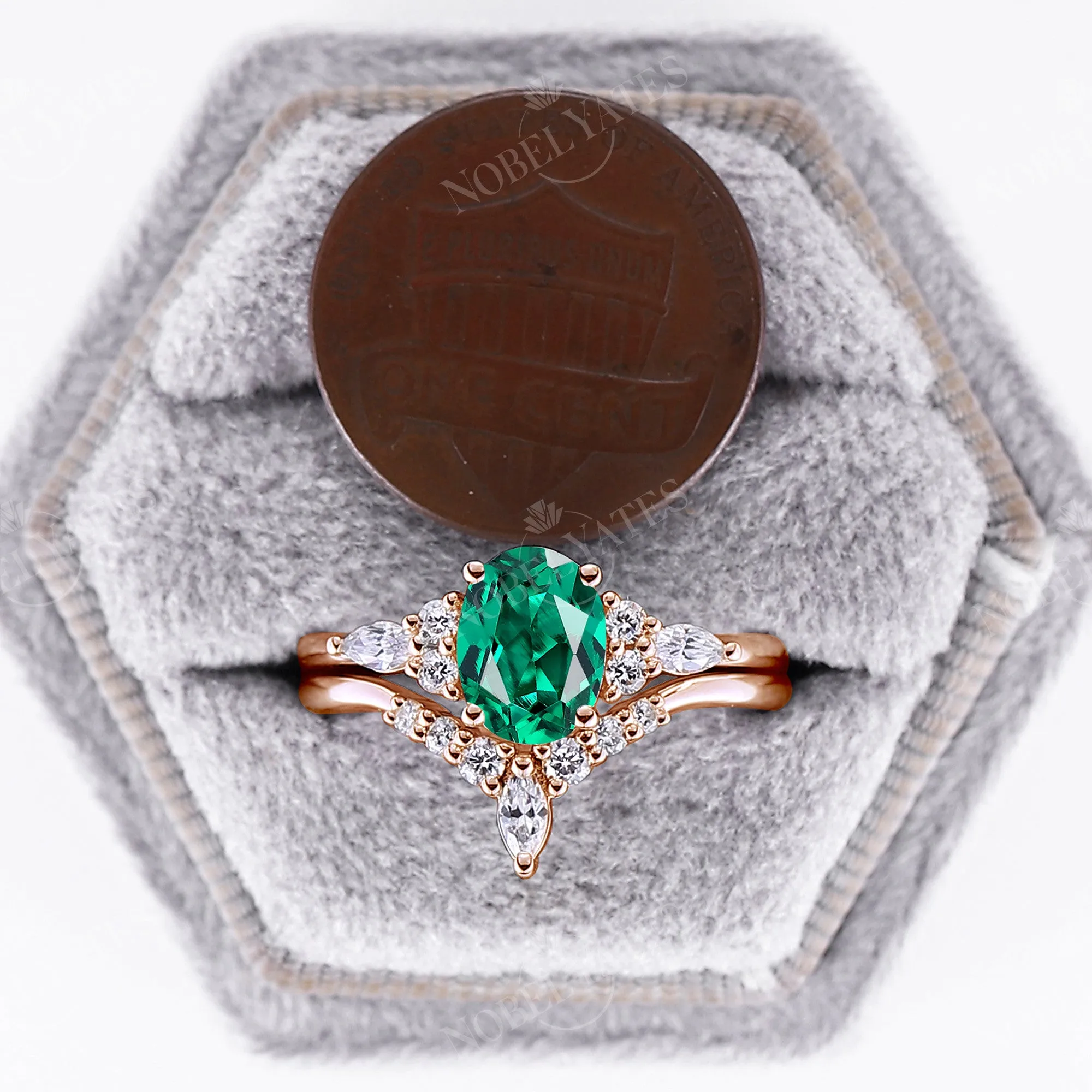 Classic Lab Emerald Bridal Set Oval Cut Ring Rose Gold Band