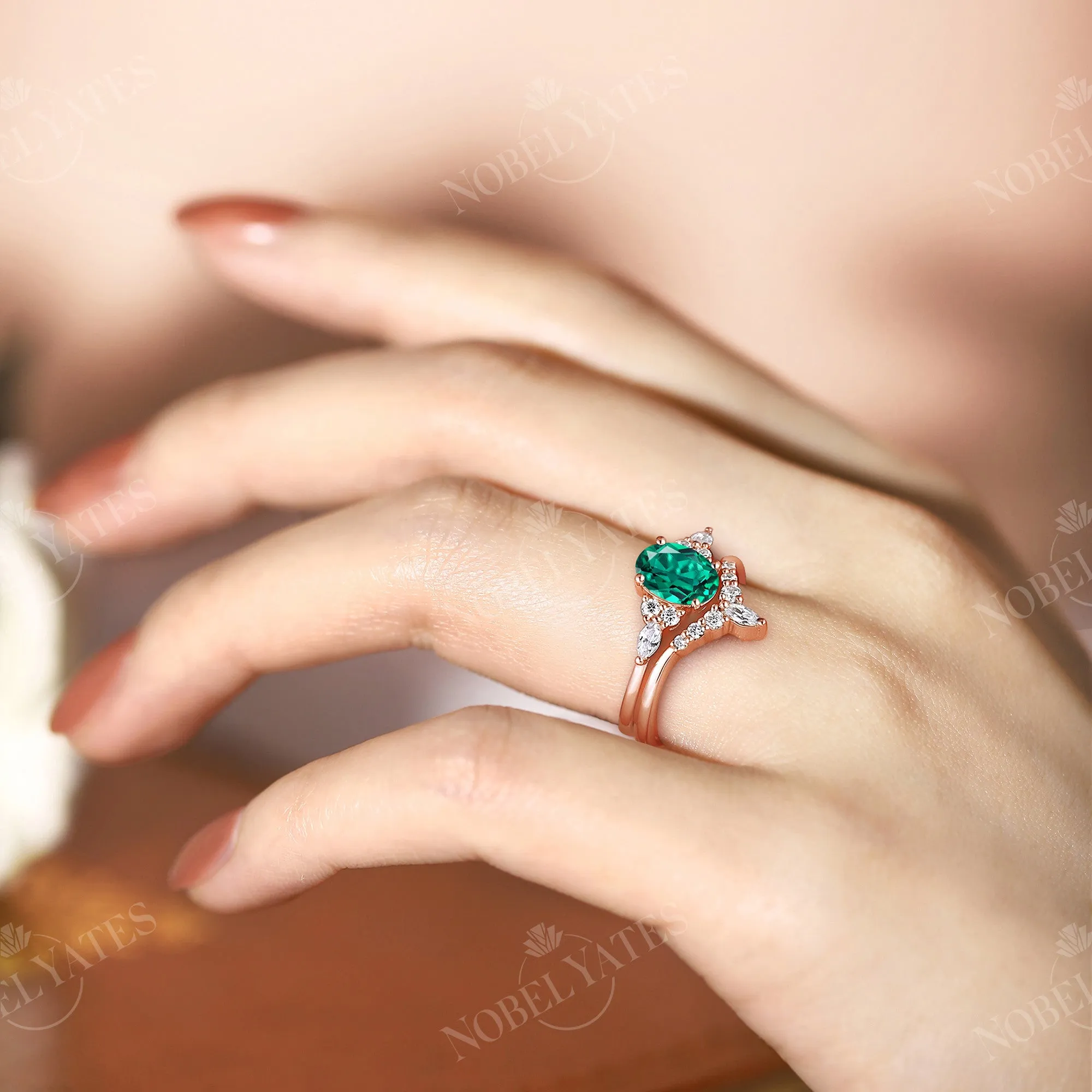 Classic Lab Emerald Bridal Set Oval Cut Ring Rose Gold Band