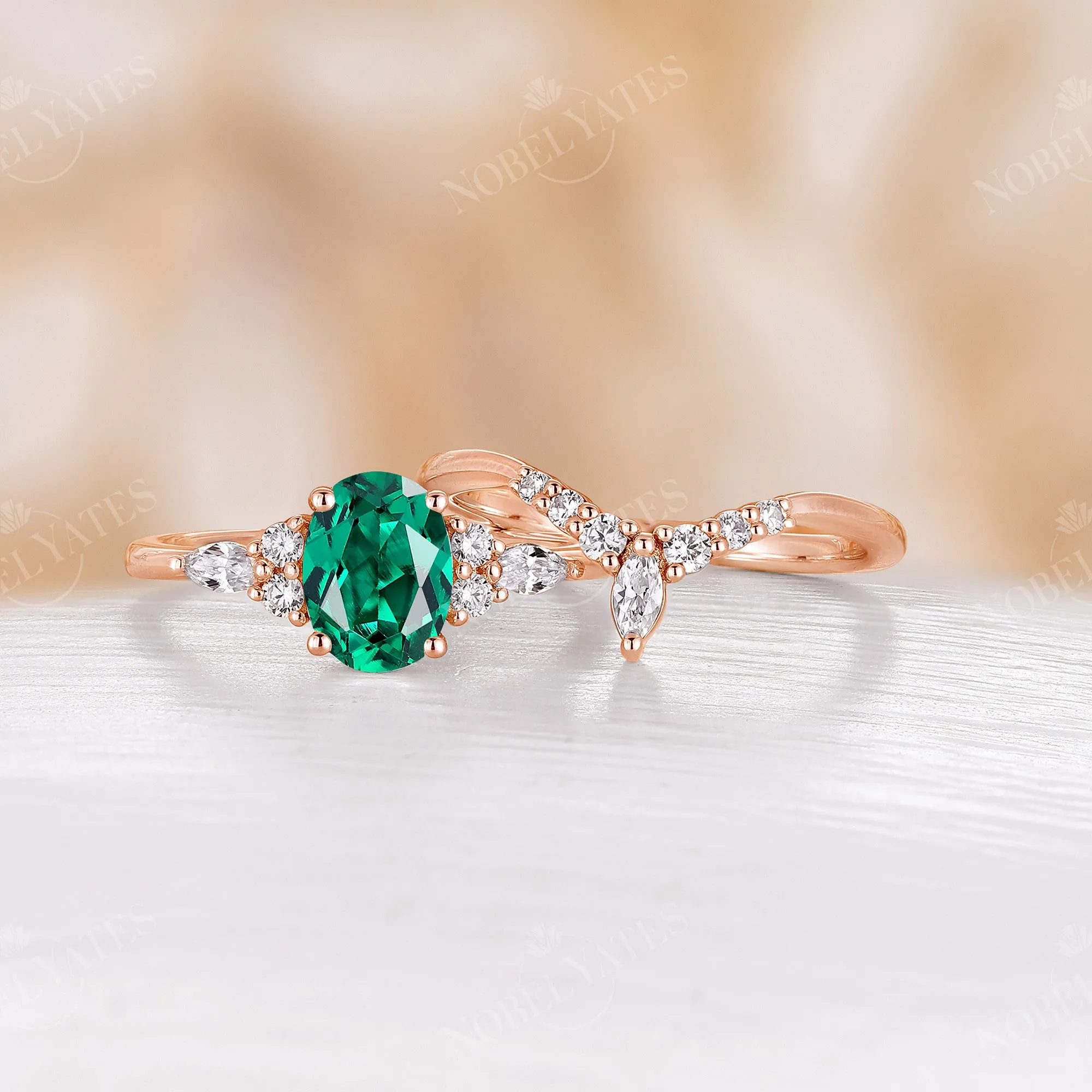 Classic Lab Emerald Bridal Set Oval Cut Ring Rose Gold Band